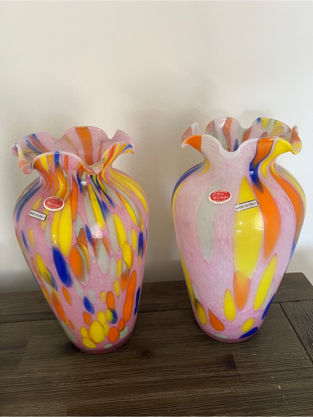 Murano Pink Multicolor Art Glass Vase with Yellow & Blue Accents
